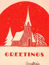 Vintage Christmas Card Red & White Church Greetings Design picture
