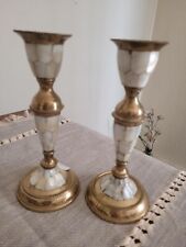 VTG BRASS & MOTHER OF PEARL APPROX 7 IN CANDLE STICK HOLDERS INDIA picture