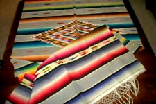 ANTIQUE SALTILLO SERAPE CLASSIC LG RAINBOW DIAMOND 1920s KNOTTED FRINGE NOT USED picture