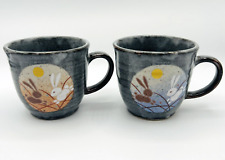 2 Pottery Tea Cups Mugs Kutani Yaki Ware Rabbits Moon Made in Japan Gift Box picture