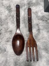 Vintage Large Carved Wooden Fork Spoon Wall Decor 21 Inch Wood Tiki MCM picture
