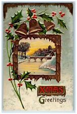 1911 Christmas Greetings Holly Bells Bridge Gel Gold Gilt Embossed Postcard picture