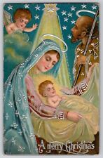 Christmas Nativity Baby Jesus Mary Joseph Angel Embossed Antique Postcard 1909 picture