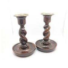 Antique Barley Twist Matching Pair Wood Brass Candlestick Holder Holders Set 2 picture