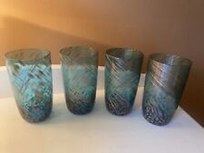 4 Stunning Vintage Artland Blue Shimmer Swirl Glass Tumblers. Hand Crafted picture
