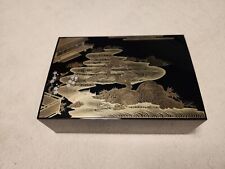Vintage Japanese Lacquered Wooden Jewelry Case with Gold-Etched River Scene picture