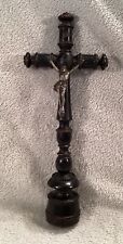 Antique Black Wood And Spelter Standing Crucifix Cross Jesus picture
