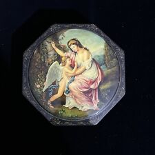 Antique Russian Lacquerware Hand Painted Artwork Wooden Trinket Box Round picture