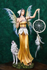 Large Native Indian Fairy Pocahontas Holding Dreamcatcher With Grey Wolf Statue picture