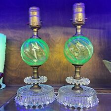 Antique Green Uranium Vaseline Glass Candlestick Lamps Art Deco *REWIRED* picture
