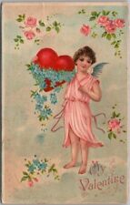 1909 VALENTINE'S DAY Embossed Postcard Angel Girl in Pink Dress / Big Red Heart picture