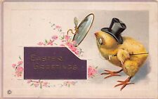 Antique Steampunk Easter Chick Monocle Silk Black Top Hat Mirror Vtg Postcard W4 picture
