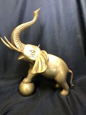Lg Vintage Solid Brass Lucky Elephant Trunk Figurine Balancing On Ball ~ Indian picture
