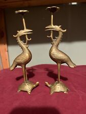 Pair Antique Brass Longevity Crane On Turtle Statue Buddhist Altar Candle Stand picture