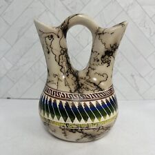 Native American Wedding Vase Navajo Indian Horse Hair Pottery Colorful Signed picture