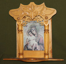 Vintage hand made wood/print holy water font The Virgin picture