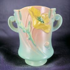 Antique Roseville Art Pottery Vintage Vase Green Poppy With Handles Green Pink picture