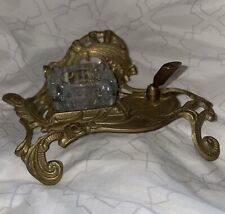 Vintage Antique Brass Inkwell Desk Set Teleflora  Glass Inkwell picture