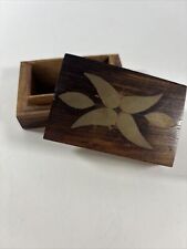 Vintage Hinged Wooden Box  Brass Inlay Hand Made Wood Small Trinket picture