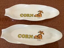 Two Vintage 1978 Garfield Ceramic Corn Appetizer Holders Dishes 10” x 3” picture