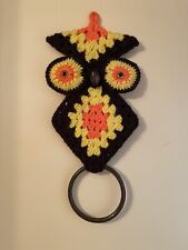 Vintage 1970s Crochet Owl Towel Holder Ring Wall Hanging Kitchen Bath Handmade picture