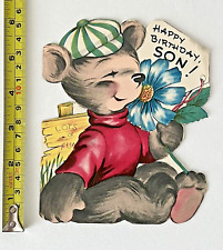 Vintage Birthday Bear Flower Double Sided Embossed Die Cut Greeting Card 1950s picture