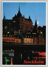 Stockholm, Sweden, Night Scene, Architecture Bridge Water, Vintage Postcard picture
