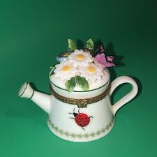 Retired Portmeirion Porcelain Hinged Trinket Box Watering Can 3d Daisies Ladybug picture