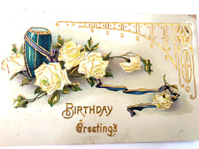 Postcard Antique Birthday Greetings 1915 White Roses Germany Postmarked Stamp picture