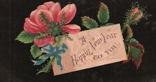 1880s-90s Pink Flower Black Background A Happy New Year To You Trade Card picture