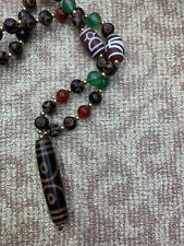 Tibetan Old Agate Dzi *3Eyed* Beads Necklace W/Agate Dzi *7Eyed* Bead Pendant picture