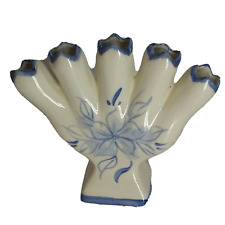 Vintage Leart Pottery Hand Painted Five Finger Bud Vase Blue Florals #304-W USA picture