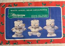 Set Of 3 White Angel Bear Ornaments No Crack Or Chips Excellent Condition picture