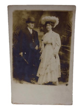 Pre 1907 Real Photo Postcard Elegant Couple Derby Hat Lacy Dress picture