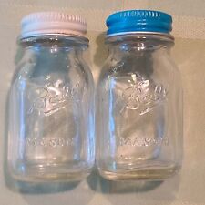 Vintage Small Ball Mason Jar Salt & Pepper Shaker Set Glass Mini Blue White Tops picture