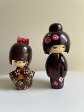 Japanese Traditional Carved Wooden Kokeshi Dolls, Set of 2, Signed, 17 Cm, 15 Cm picture