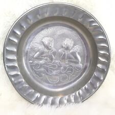 Antique Pewter Plate Hand Tooled Repouse Angels in the Clouds 17th-18th-19th c.? picture