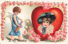 c1910 Fantasy Cupid Pretty Woman Heart Roses Germany Valentines Day P418 picture