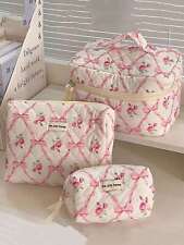 3Pc/Set Pink Bow Knot & Rose Design Quilting Cosmetic Bag, Fashionable Portable picture