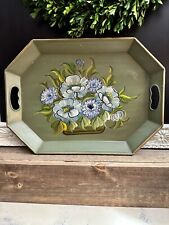 VTG Handpainted Green/Floral Toleware Tray By Pilgrim Art Co 18x13 picture