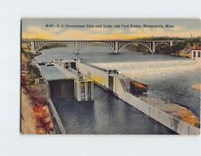 Postcard US Government Dam & Locks and Ford Bridge Minneapolis Minnesota USA picture