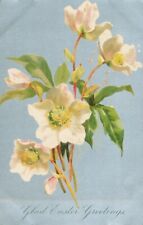 Easter Postcard~Antique~White Clematis Flowers~Blue Silver Background~c1905 picture