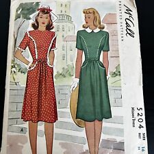 Vintage 1940s McCalls 5204 Front Seam Dress Pockets Collar Sewing Pattern 16 CUT picture