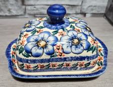 Vintage Polish Unikat Hand Painted Flowers Covered Butter Dish Art Pottery Tray picture