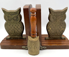 1979 Enesco Wise Old Owl on Brown Wood Bookends Brass Tone Cast  Metal w/Bell picture