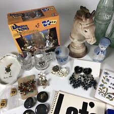 Junk Lot of Vintage Items Collectibles Earrings 8 Track Tapes Pottery Bottle picture