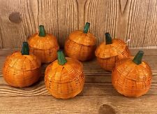 Lot Of 6 Wicker Woven 4” Mini Pumpkin Basket With Lid Halloween Fall Harvest picture