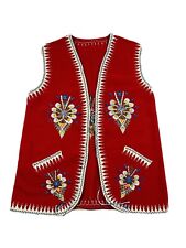 VTG Traditional Polish Folk Art Felted Floral Stitched Vest Jacket Red picture