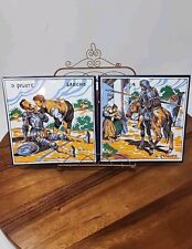 Two Old Don Quixote Majolica, Fajalauza Spanish Pottery Tile With Stand Trivets picture