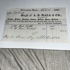 1869 Antique Letterhead Invoice: Worcester MA - AB Hall Co Ketchup Horseradish picture